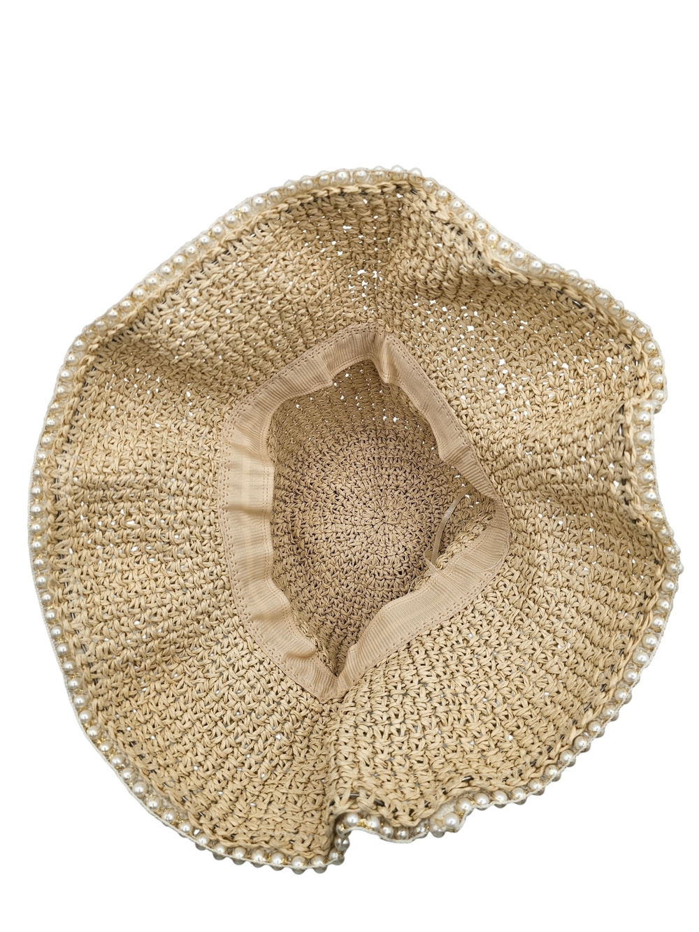 Women's Straw Sun Hat with Pearl Trim - Natural - Picture 2 of 3
